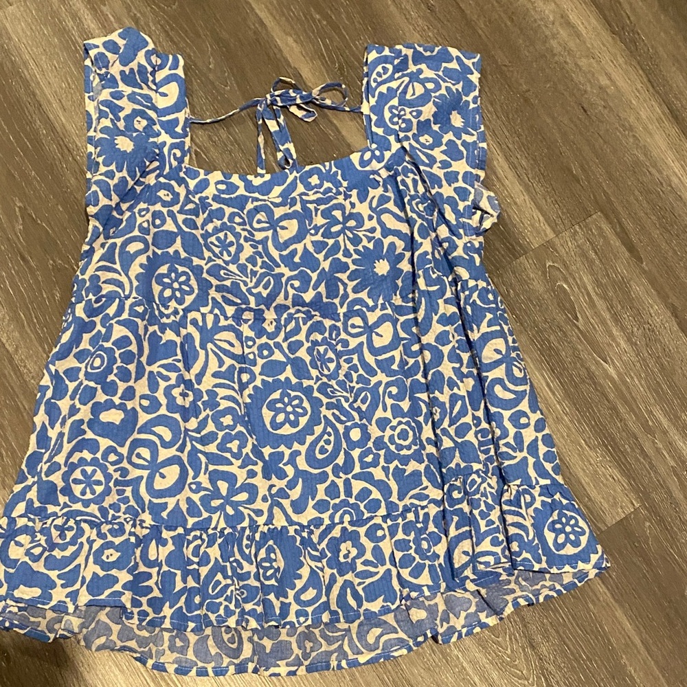 Ces Femme Blue and Cream Floral Blouse